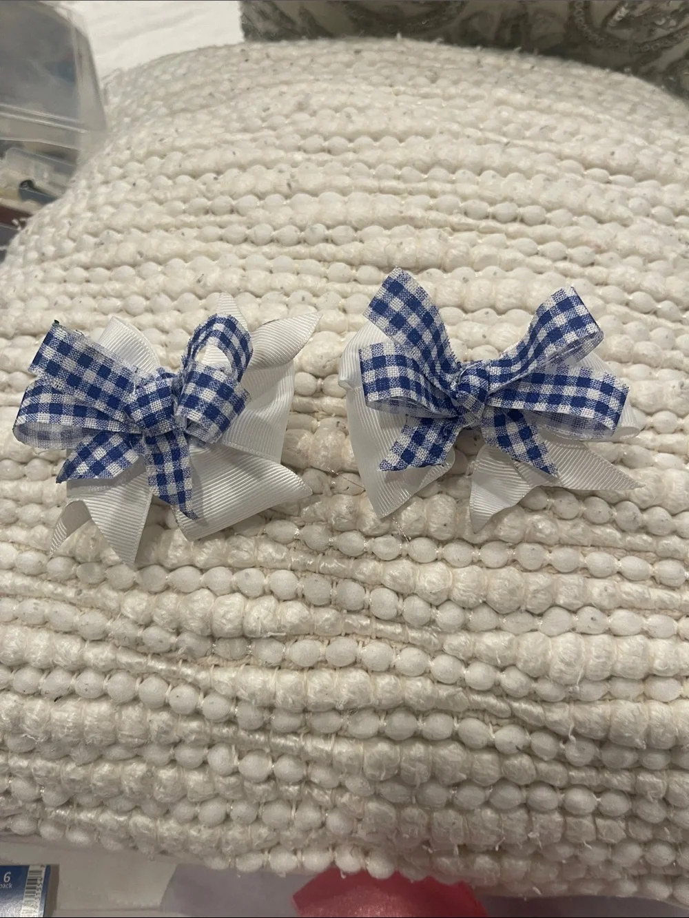White and Blue Gingham Kids Hair Bow Clips - Pair